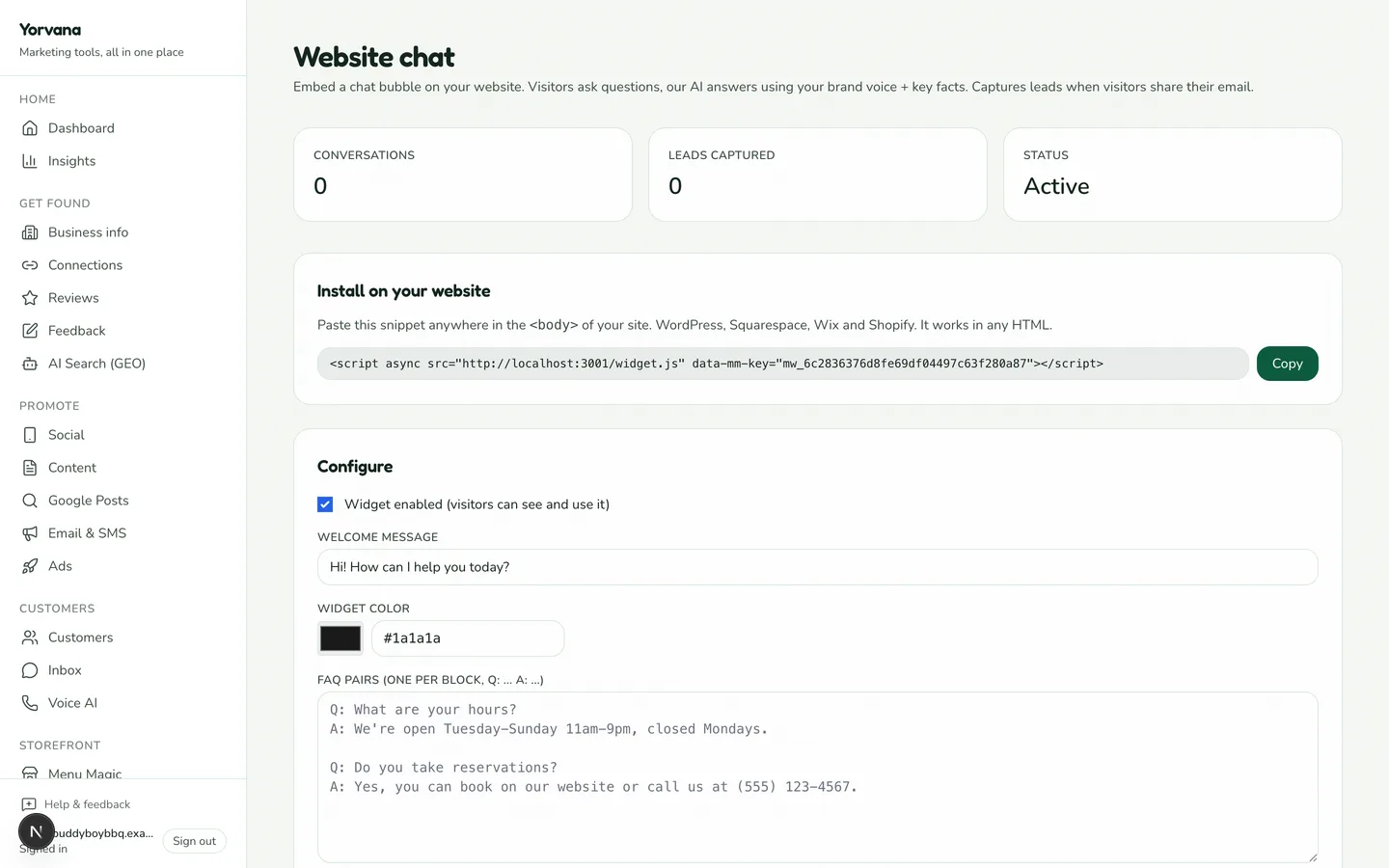 The AI Chat Widget screen in Yorvana, shown with demo data