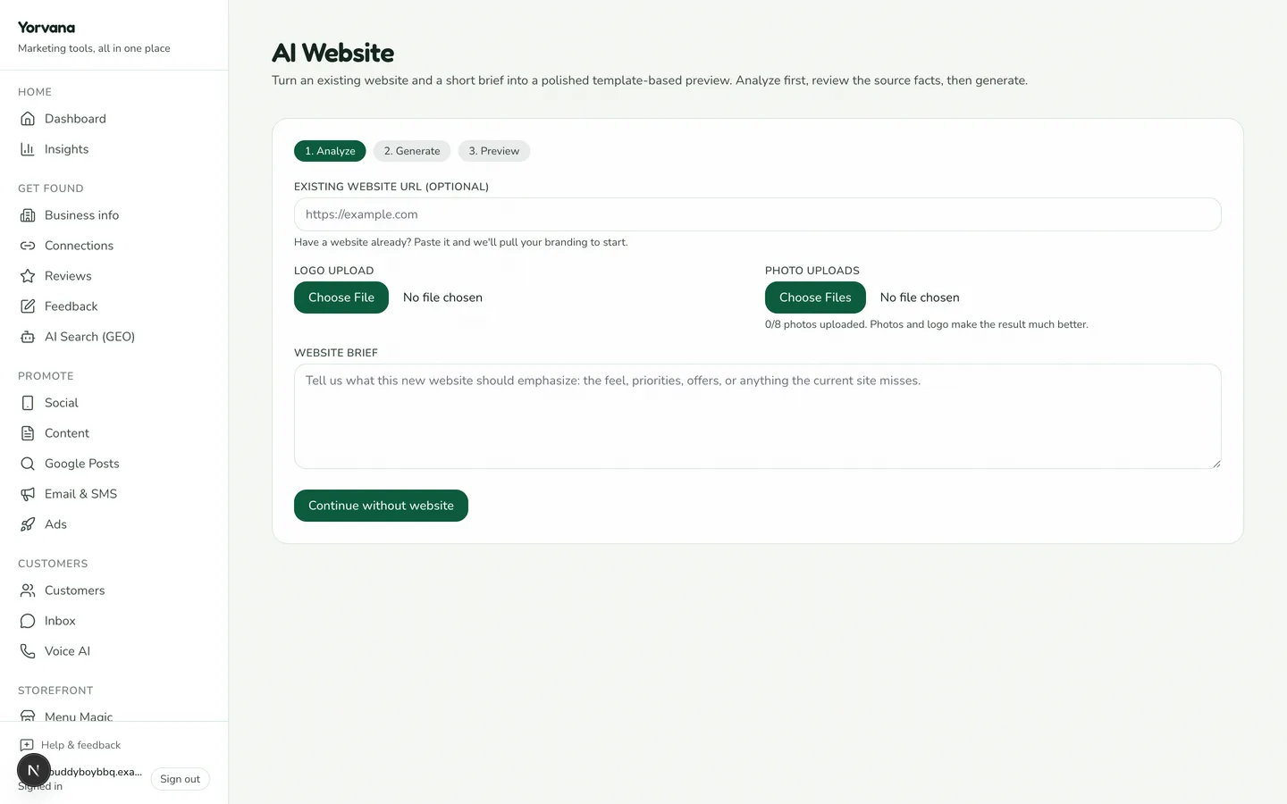 The AI Website Builder screen in Yorvana, shown with demo data