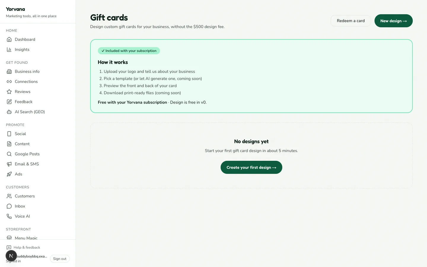 The Gift cards screen in Yorvana, shown with demo data