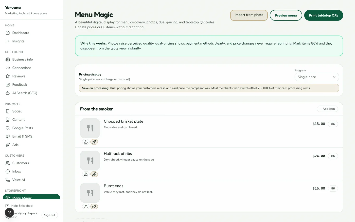 The Menu Magic screen in Yorvana, shown with demo data