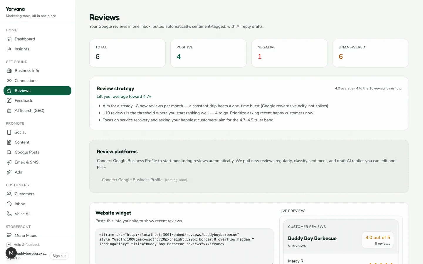 The Reviews on autopilot screen in Yorvana, shown with demo data