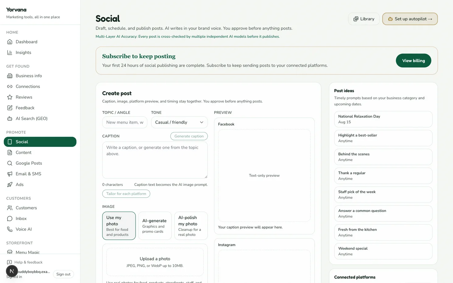 The Social Autopilot screen in Yorvana, shown with demo data